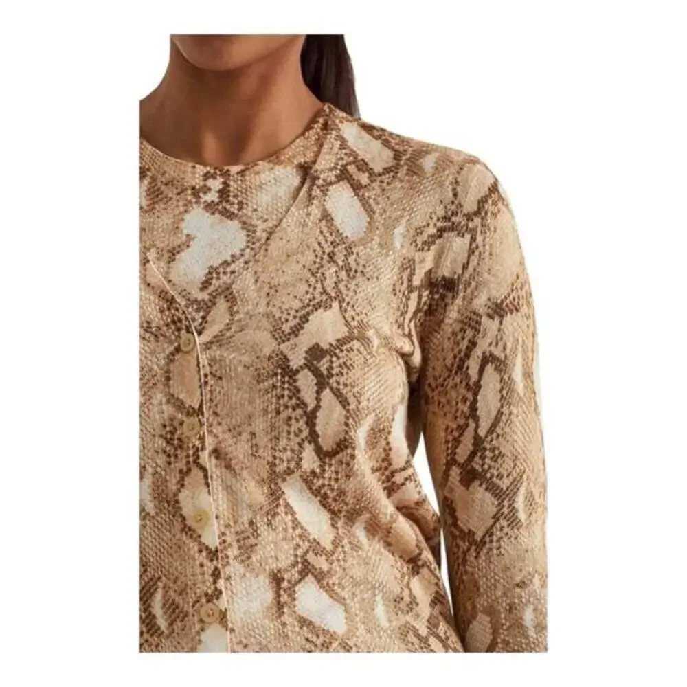 LAUREN Ralph‎ Lauren Tan Snakeskin Print Cotton-Blend Cardigan Size Small New